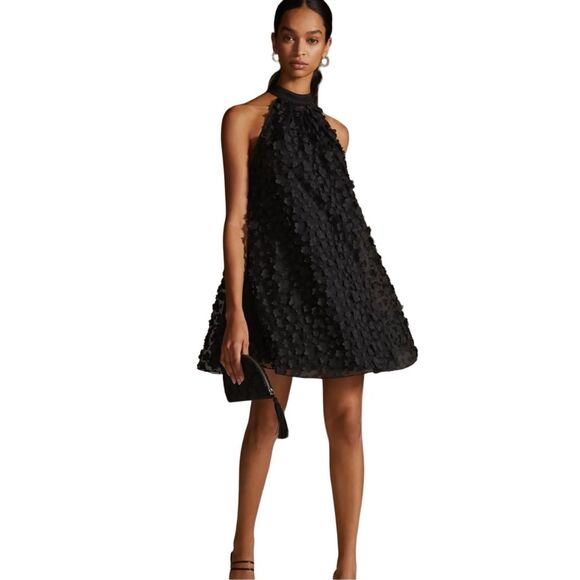 Anthropologie Dresses & Skirts - EVA FRANCO Black Floral Halter Swing Dress Dress Size 12 Appliqué Sleeveless